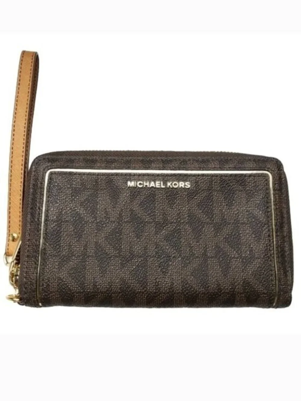 NWOT Michael Kors Jet Set Brown &‎ Gold Signature Wristlet Zip Wallet
